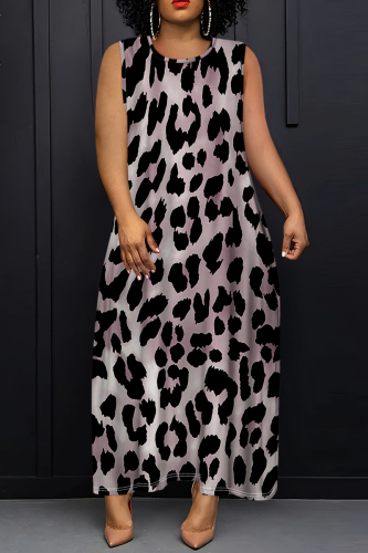 Light Purple Casual Leopard Print Sleeveless O Neck Loose Vacation Maxi Tank Dresses