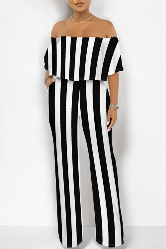 Black White Striped Print Off Shoulder Pocket Flounce Vacation Wide Leg Jumpsuits