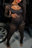 Black O Neck Long Sleeve Hollow Out See-Through Lace Tops And Skinny Pants Night Club Two Pieces Trouser Sets