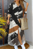Black White Graphics Print Turndown Collar Long Sleeve Buttons Front Slit Casual Vacation Maxi Shirt Dresses