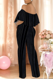 Black White Striped Print Off Shoulder Pocket Flounce Vacation Wide Leg Jumpsuits