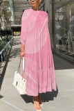 Bean Paste Pink Graphics Print O Neck 3/4 Sleeve Long Loose Vacation Casual Pleated Maxi Dresses