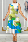 White Orange Graphics Print Sleeveless O Neck Casual Vacation Pleated Midi Tank Dresses