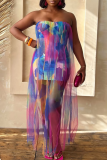 Color Ombre Print Sleeveless Backless Strapless Formal Evening Party Prom Mesh Tube Mini Dresses