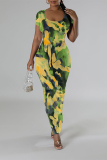 Red Geometric Print Short Sleeve O Neck Casual Outing Bodycon Maxi T-shirt Dresses