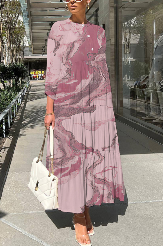 Bean Paste Pink Graphics Print O Neck 3/4 Sleeve Long Loose Vacation Casual Pleated Maxi Dresses
