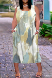 Navy Blue Graphics Print U Neck Sleeveless Pocket Casual Plus Size Maxi Tank Dresses