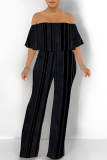 Black White Striped Print Off Shoulder Pocket Flounce Vacation Wide Leg Jumpsuits