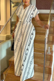 Leopard Print Short Sleeve V Neck Cinch Waist Pocket Vacation Casual Wide Leg Jumpsuits