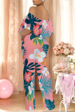 Light Yellow Floral Print Off Shoulder Pocket Flounce Vacation Wide Leg Jumpsuits