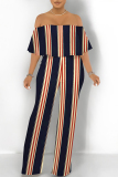 Black White Striped Print Off Shoulder Pocket Flounce Vacation Wide Leg Jumpsuits