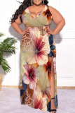 Black Floral Print V Neck Short Sleeve Lace Up Side Slit Plus Size Bodycon Maxi Dresses