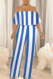 Black White Striped Print Off Shoulder Pocket Flounce Vacation Wide Leg Jumpsuits