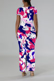 Red Geometric Print Short Sleeve O Neck Casual Outing Bodycon Maxi T-shirt Dresses