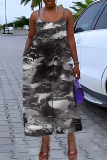 Dark Grey Graphics Print Backless Sleeveless Spaghetti Strap Casual Cami Wide Leg Jumpsuits