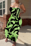 Green Graphics Print Backless Spaghetti Strap Bodycorn Vacation Long Maxi Slip Dresses