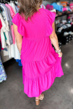 Rose Red V Neck Petal Sleeve Ruffle Trim Pocket Buttons Casual Vacation A Line Pleated Maxi Dresses