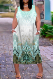 Navy Blue Graphics Print U Neck Sleeveless Pocket Casual Plus Size Maxi Tank Dresses