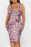 Dark Blue Graphics Print Sleeveless U Neck Casual Outing Plus Size Bodycon Midi Vest Dresses