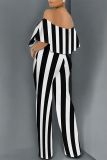 Black White Striped Print Off Shoulder Pocket Flounce Vacation Wide Leg Jumpsuits