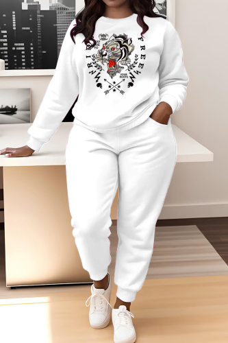 White Black Graphics Print O Neck Long Sleeve Sweatshirt And Skinny Pants Sportwear Casual Two Pieces Tracksuit Sweatpants Set