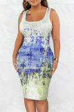 Dark Blue Graphics Print Sleeveless U Neck Casual Outing Plus Size Bodycon Midi Vest Dresses
