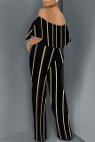 Black White Striped Print Off Shoulder Pocket Flounce Vacation Wide Leg Jumpsuits