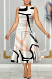White Orange Graphics Print Sleeveless O Neck Casual Vacation Pleated Midi Tank Dresses