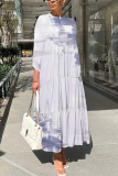 Bean Paste Pink Graphics Print O Neck 3/4 Sleeve Long Loose Vacation Casual Pleated Maxi Dresses