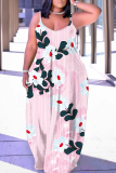 Green Graphics Print Backless Spaghetti Strap Sleeveless Vacation Loose Long Maxi Slip Dresses