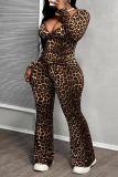 Leopard Print V Neck Long Sleeve Crop Tops And Flare Leg Pants Casual Plus Size Two Pieces Trouser Sets