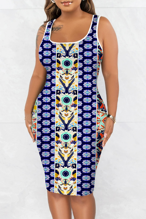 Dark Blue Graphics Print Sleeveless U Neck Casual Outing Plus Size Bodycon Midi Vest Dresses