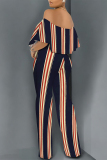 Black White Striped Print Off Shoulder Pocket Flounce Vacation Wide Leg Jumpsuits