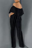Black White Striped Print Off Shoulder Pocket Flounce Vacation Wide Leg Jumpsuits