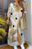 Black White Graphics Print Turndown Collar Long Sleeve Buttons Front Slit Casual Vacation Maxi Shirt Dresses