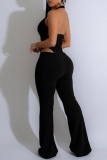 Black Sleeveless Backless Deep V Neck Hollow Out Casual Bodycon Halter Jumpsuits