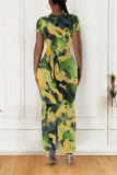 Red Geometric Print Short Sleeve O Neck Casual Outing Bodycon Maxi T-shirt Dresses