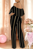 Black White Striped Print Off Shoulder Pocket Flounce Vacation Wide Leg Jumpsuits