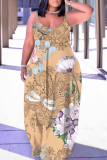 Green Graphics Print Backless Spaghetti Strap Sleeveless Vacation Loose Long Maxi Slip Dresses