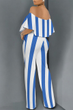 Black White Striped Print Off Shoulder Pocket Flounce Vacation Wide Leg Jumpsuits