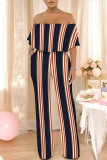 Black White Striped Print Off Shoulder Pocket Flounce Vacation Wide Leg Jumpsuits