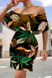 Pink Floral Print Ruffled Sleeve Flounce Off Shoulder Bodycon Mini Dresses
