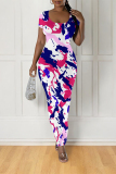Red Geometric Print Short Sleeve O Neck Casual Outing Bodycon Maxi T-shirt Dresses