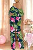 Light Yellow Floral Print Off Shoulder Pocket Flounce Vacation Wide Leg Jumpsuits