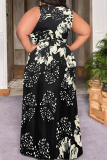 Black Floral Print V Neck Short Sleeve Lace Up Side Slit Plus Size Bodycon Maxi Dresses
