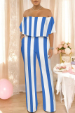 Black White Striped Print Off Shoulder Pocket Flounce Vacation Wide Leg Jumpsuits