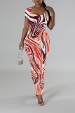 Red Geometric Print Short Sleeve O Neck Casual Outing Bodycon Maxi T-shirt Dresses