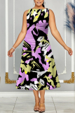 White Orange Graphics Print Sleeveless O Neck Casual Vacation Pleated Midi Tank Dresses