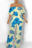 Light Yellow Floral Print Off Shoulder Pocket Flounce Vacation Wide Leg Jumpsuits