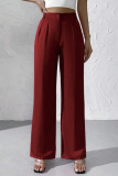 Claret High Waist Pocket Casual Formal Office Lady Wide Leg Suit Pants